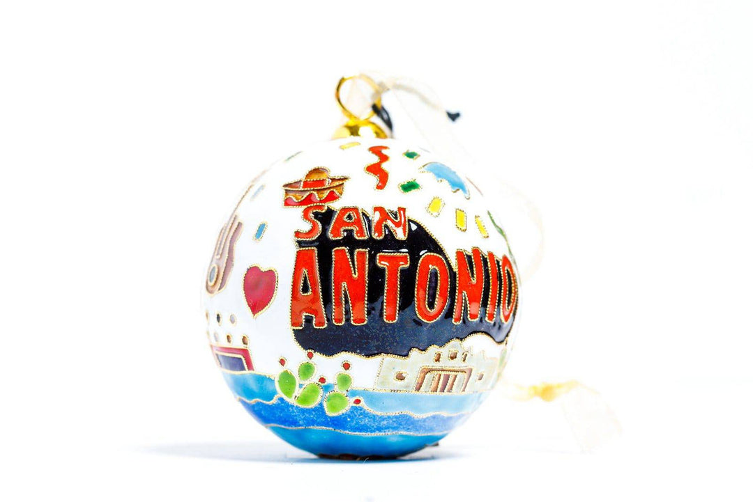 San Antonio Postcard Theme Alamo, Skyline Round Cloisonné Christmas Ornament