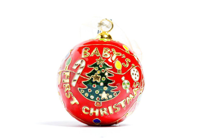 Baby's First Christmas with Symbols of Christmas Red Round Cloisonné Christmas Ornament