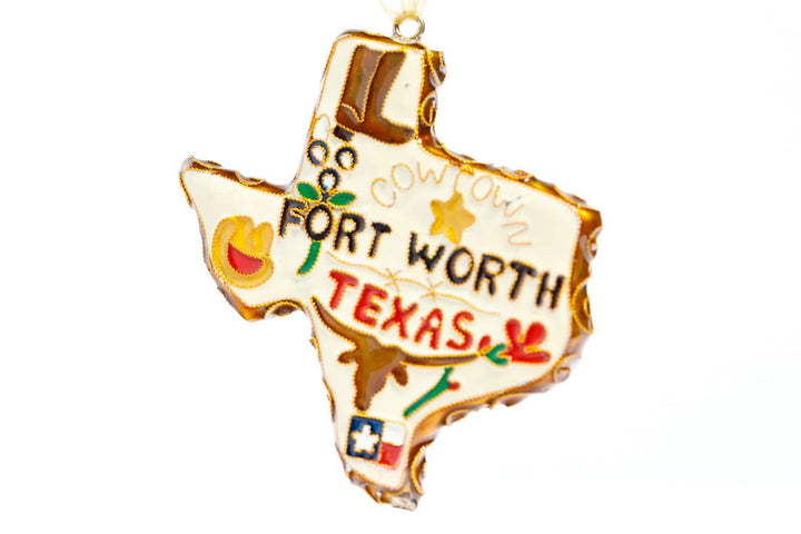 Ft. Worth, Texas Symbols of Texas, Cowtown, Longhorn Texas Shape Cloisonné Christmas Ornament