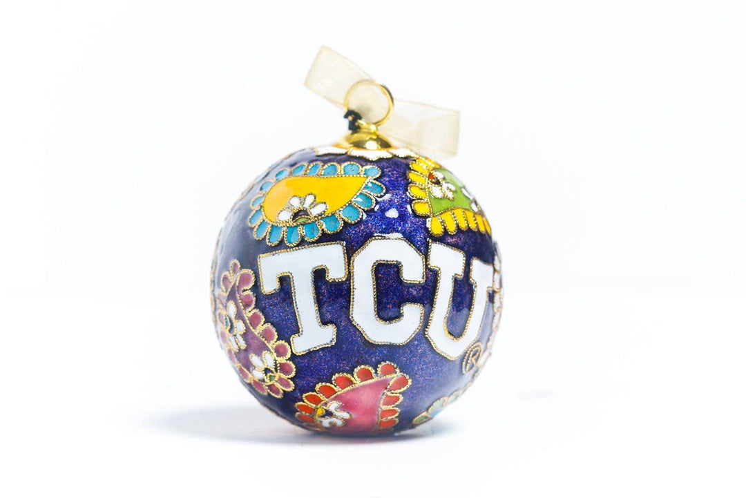 TCU Horned Frogs Colorful Paisley Purple Background Round Cloisonné Christmas Ornament