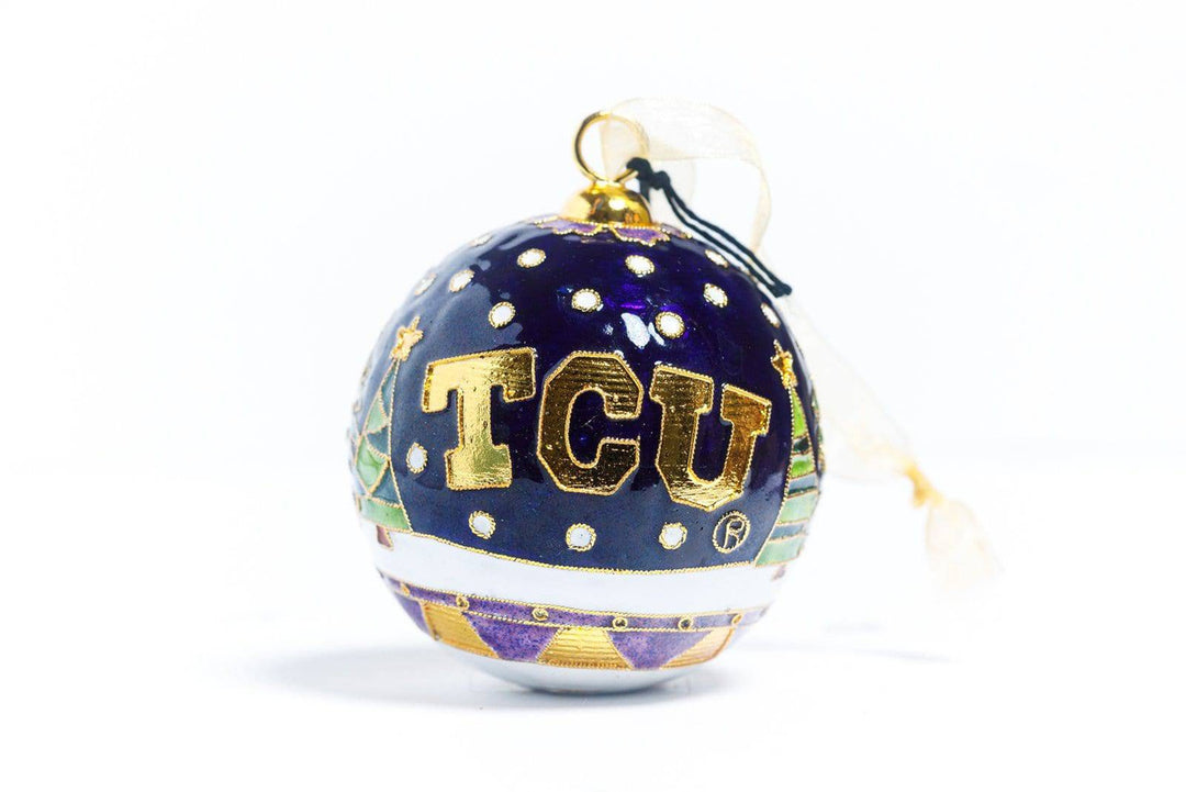 Texas Christian University TCU Horned Frogs Festive Christmas Tree Landscape Round Cloisonné Christmas Ornament