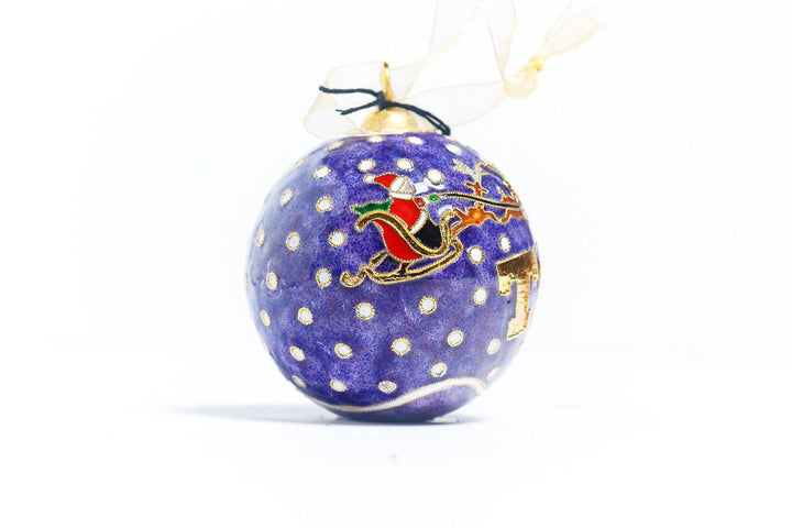 Texas Christian University TCU Horned Frogs Santa in Sleigh Flying over TCU logo Round Cloisonné Christmas Ornament