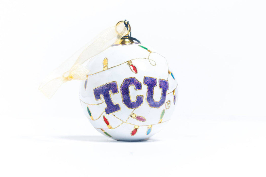 Texas Christian University TCU Horned Frogs Colorful Lights Round Cloisonné Christmas Ornament - White