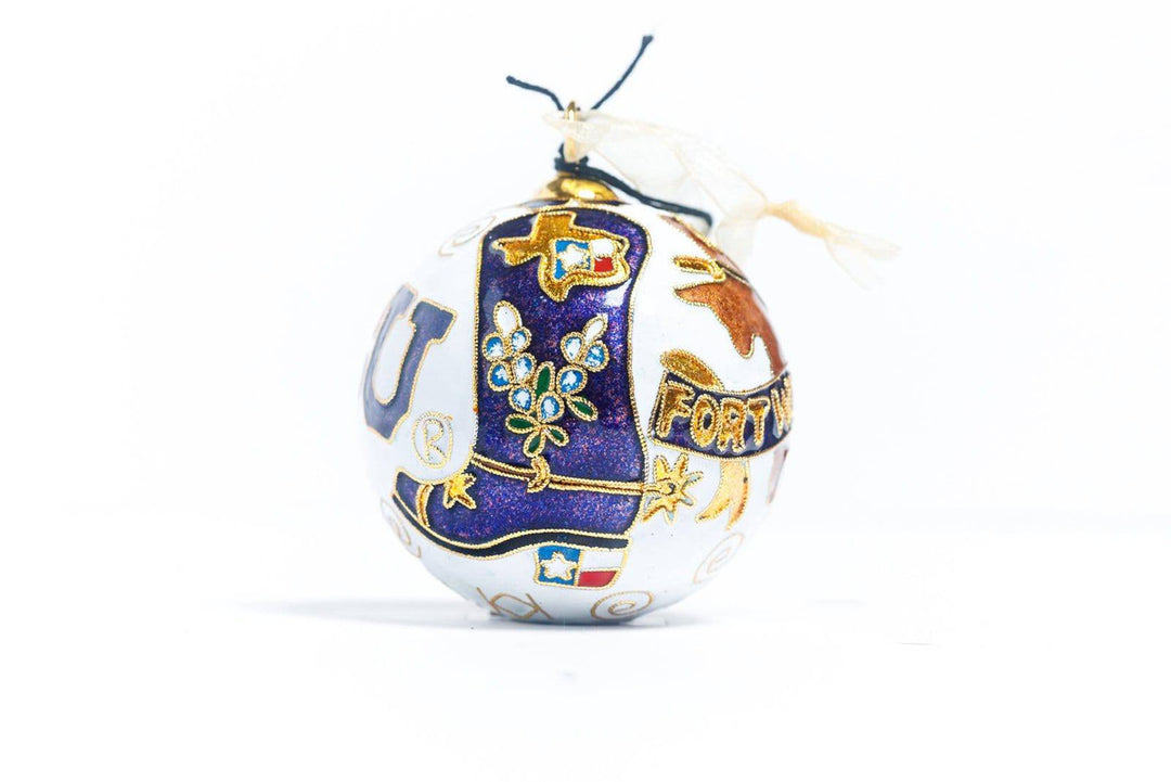 Texas Christian University TCU Horned Frogs Texas Boot & Lone Star Brand Round Cloisonné Christmas Ornament - White