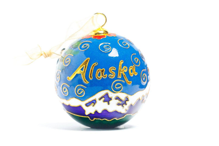 Alaska Northern Lights, State Shape, Moose, Denali Round Cloisonné Christmas Ornament