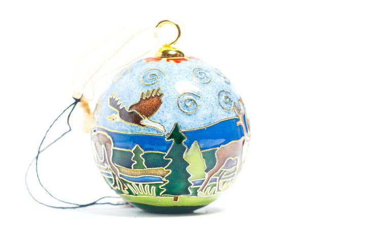 Alaska Wildlife Scene, Moose, Elk, Eagle, Brown Bear Round Cloisonné Christmas Ornament