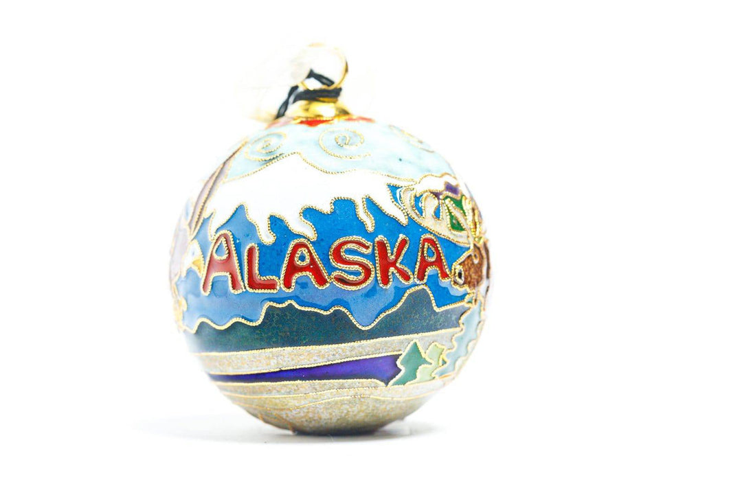 Alaska Nature Scene with Grizzly and Bald Eagle Cloisonné Christmas Ornament