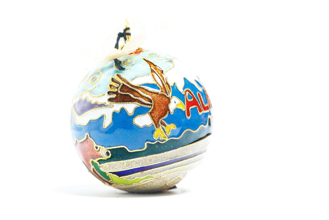 Alaska Nature Scene with Grizzly and Bald Eagle Cloisonné Christmas Ornament