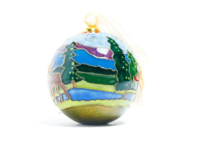 Alaska Wildlife Scene, Lake, Mountains, Moose, Brown Bear with Fish Round Cloisonné Christmas Ornament