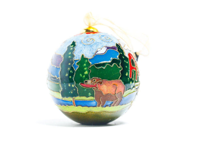 Alaska Wildlife Scene, Lake, Mountains, Moose, Brown Bear with Fish Round Cloisonné Christmas Ornament