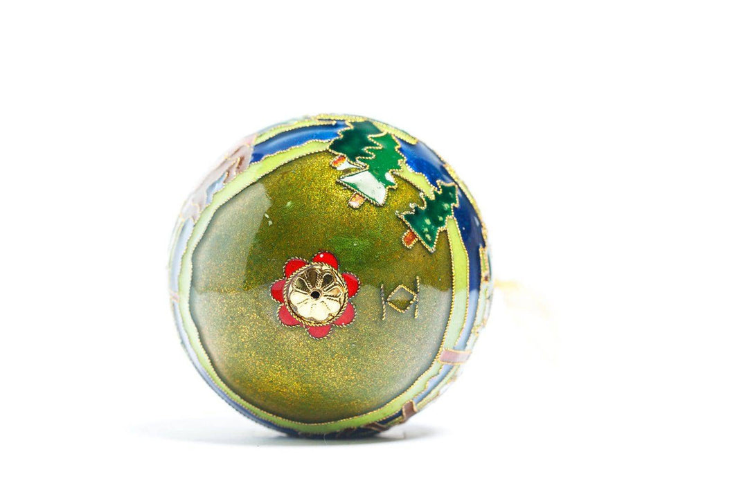 Alaska Wildlife Scene, Lake, Mountains, Moose, Brown Bear with Fish Round Cloisonné Christmas Ornament