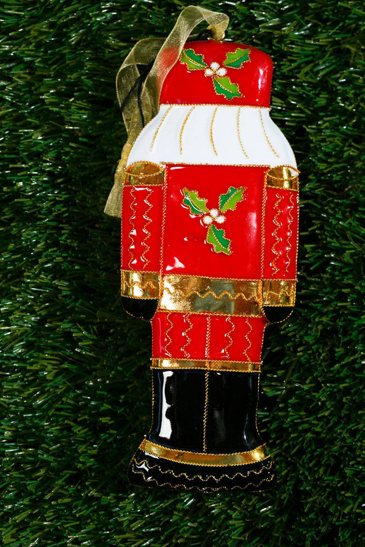 Nutcracker Shape Red Uniform with Holly Cloisonné Christmas Ornament