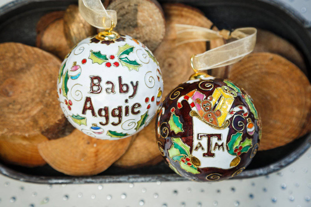 Texas A&M Aggie Baby Aggie Christmas Stocking White Background Round Cloisonné Christmas Ornament