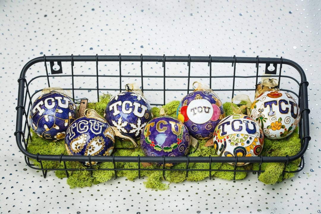 TCU Horned Frogs Holly Wreath Purple Background Round Cloisonné Christmas Ornament