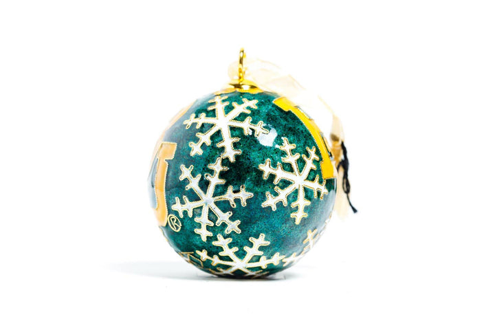 Baylor University Bears White Snowflakes Green Background Round Cloisonné Christmas Ornament