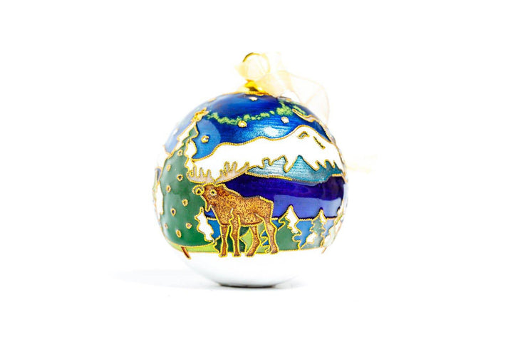Alaska Winter Scene, Cabin, Moose, Mountains Round Cloisonné Christmas Ornament