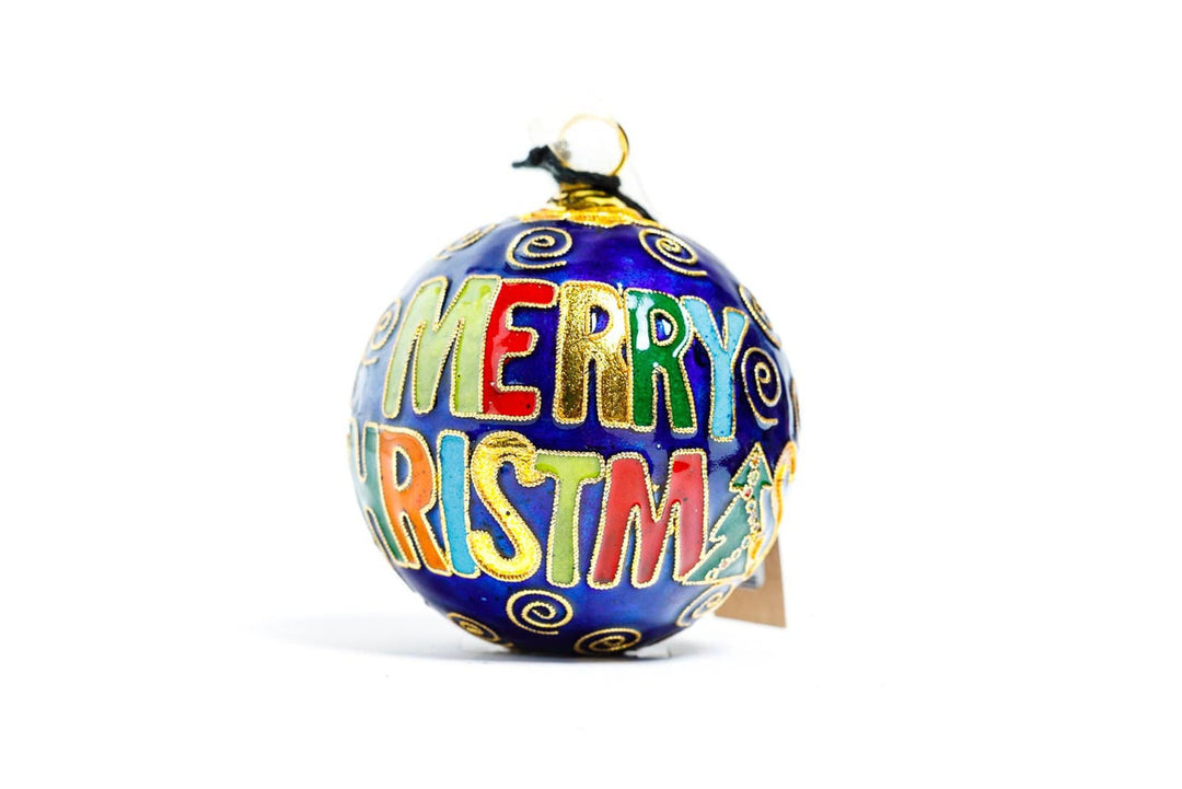 Rice University Owls Merry Christmas in Colorful Block Letters Blue Background Round Cloisonné Christmas Ornament