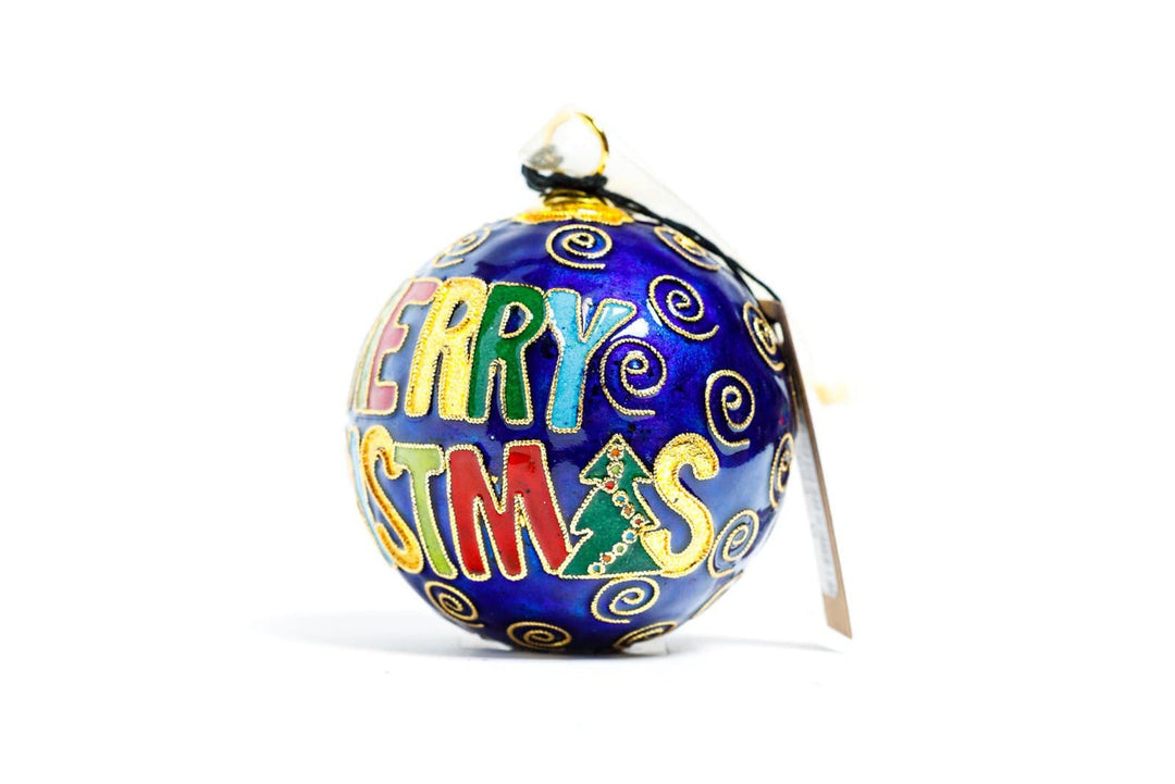 Rice University Owls Merry Christmas in Colorful Block Letters Blue Background Round Cloisonné Christmas Ornament