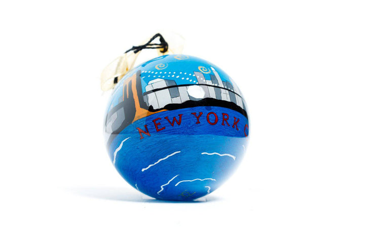 New York City Skyline Brooklyn Bridge Round Hand-Painted Glass Christmas Ornament