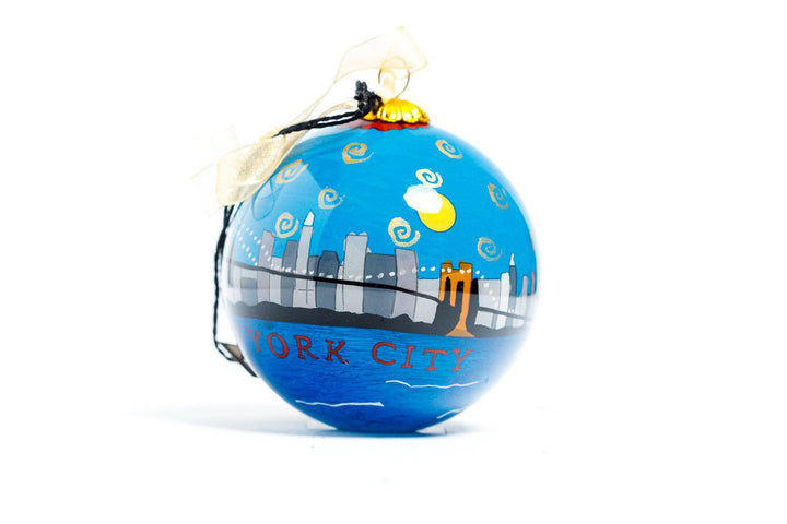 New York City Skyline Brooklyn Bridge Round Hand-Painted Glass Christmas Ornament