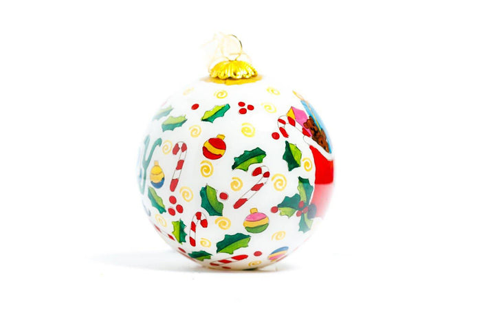Merry Christmas with Stocking Holly Candy Cane Round Hand-Painted Glass Christmas Ornament