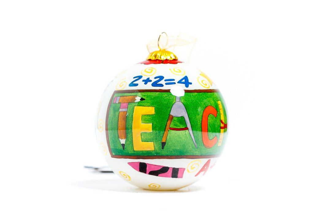Teacher Classroom Symbols White Background Round Hand-Painted Glass Christmas Ornament