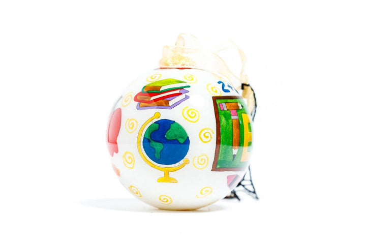 Teacher Classroom Symbols White Background Round Hand-Painted Glass Christmas Ornament