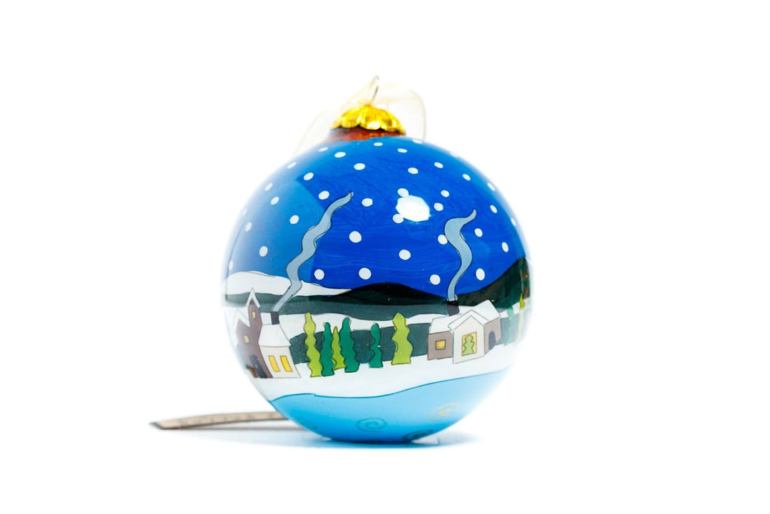 Santa in Sleigh Flying Over Winter Scene Round Hand-Painted Glass Christmas Ornament