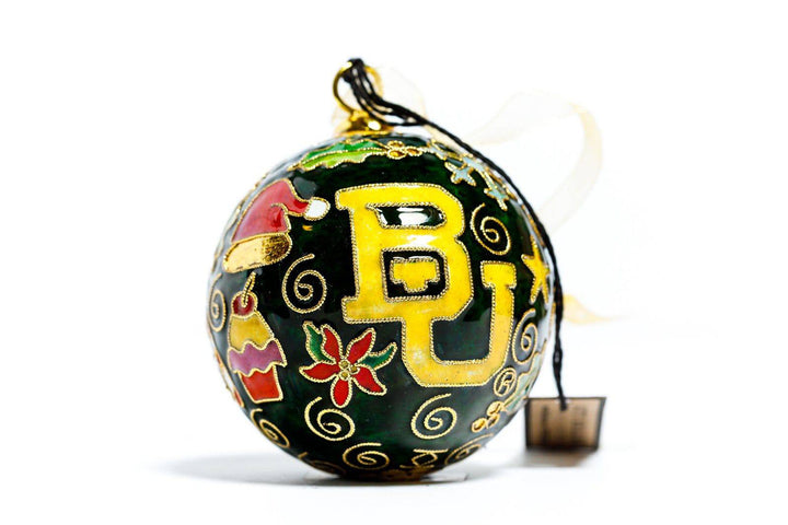 Baylor University Bears Symbols of Christmas Green Background Round Cloisonné Christmas Ornament