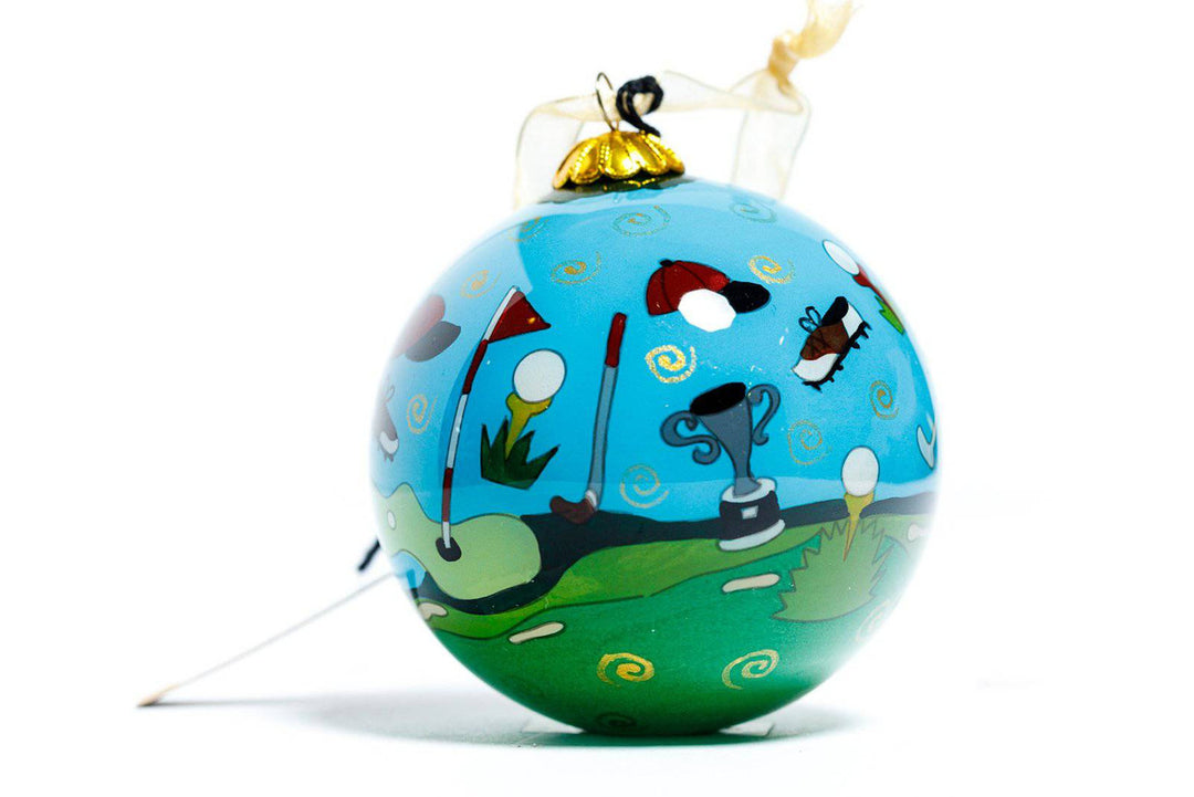 All Things Golf' Golfer Round Hand-Painted Glass Christmas Ornament