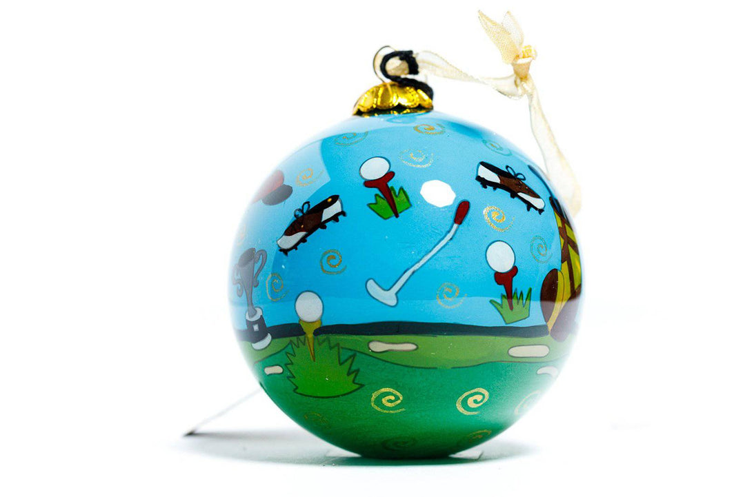 All Things Golf' Golfer Round Hand-Painted Glass Christmas Ornament