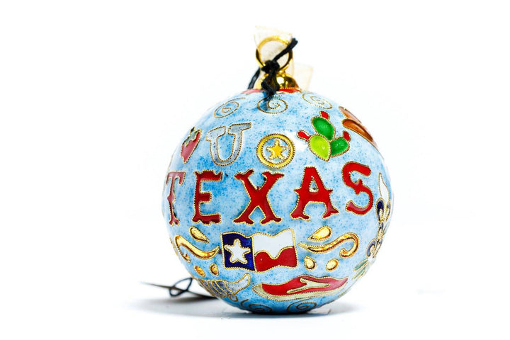 Texas Western Icons State Flag, Roping Cowboy, Yellow Rose Round Cloisonné Christmas Ornament - Blue