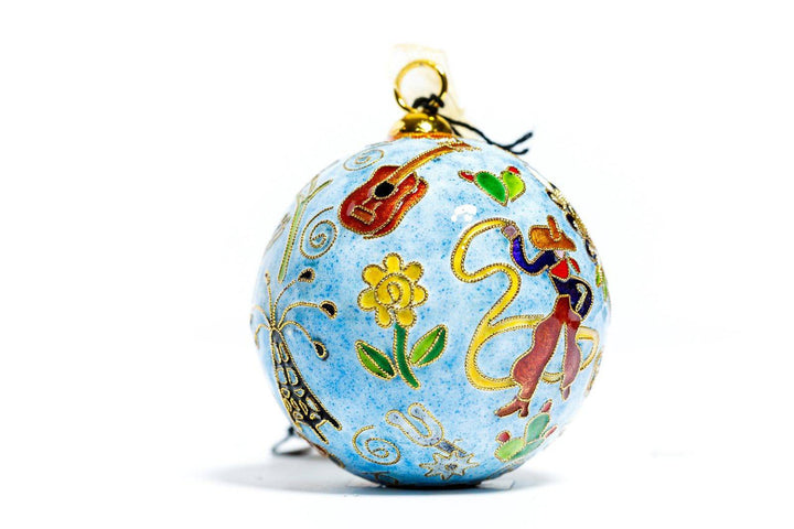 Texas Western Icons State Flag, Roping Cowboy, Yellow Rose Round Cloisonné Christmas Ornament - Blue