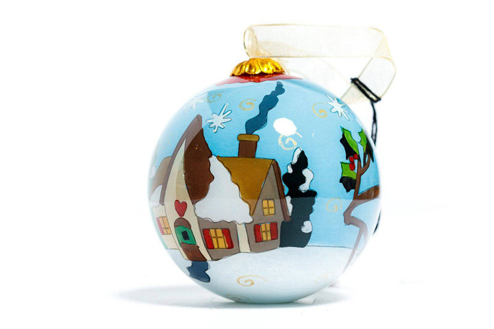 Merry Christmas Winter Cottage Scene Red Bird Round Hand-Painted Glass Christmas Ornament