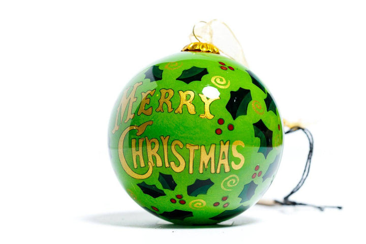 Vintage Merry Christmas with Holly Green Background Round Hand-Painted Glass Christmas Ornament