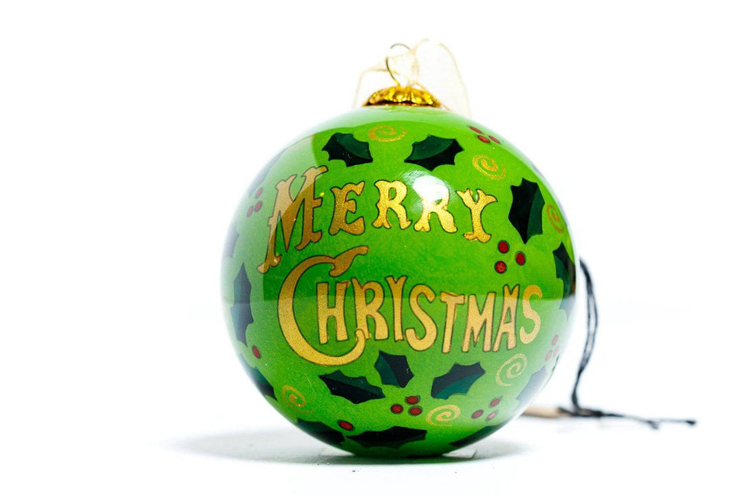 Vintage Merry Christmas with Holly Green Background Round Hand-Painted Glass Christmas Ornament