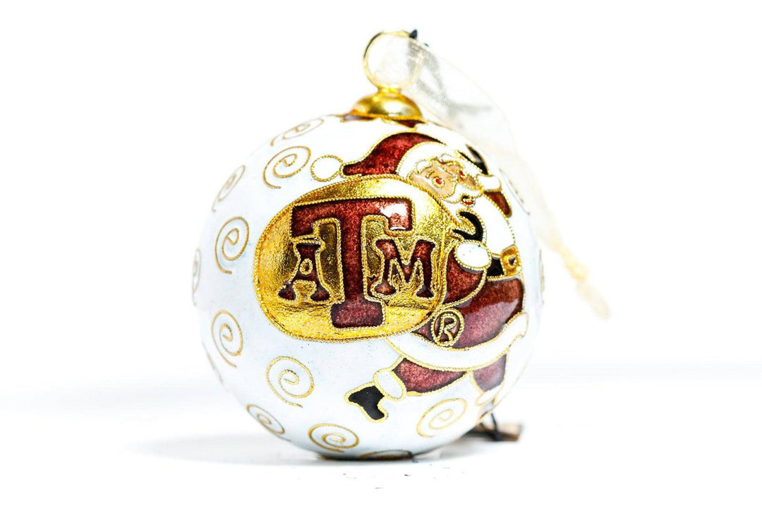 Texas A&M Aggie Jolly Santa with Bag Maroon Background Round Cloisonné Christmas Ornament