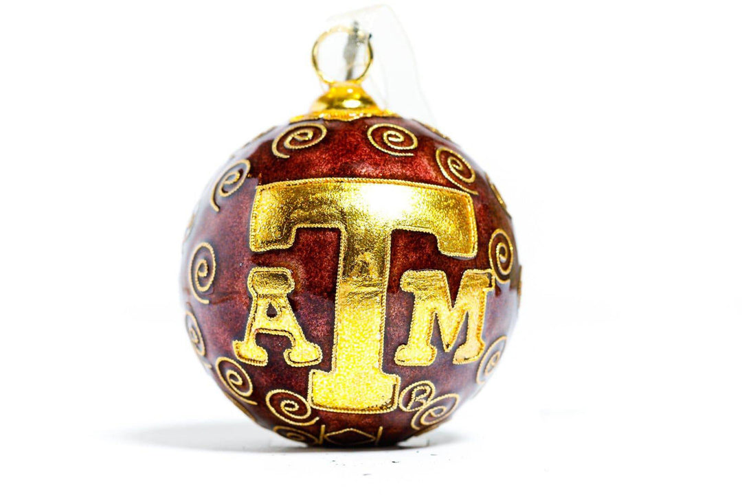 Texas A&M Aggie Merry Christmas in Colorful Block Letters Maroon Background Round Cloisonné Christmas Ornament