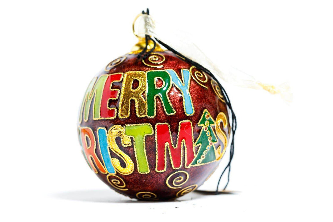 Texas A&M Aggie Merry Christmas in Colorful Block Letters Maroon Background Round Cloisonné Christmas Ornament