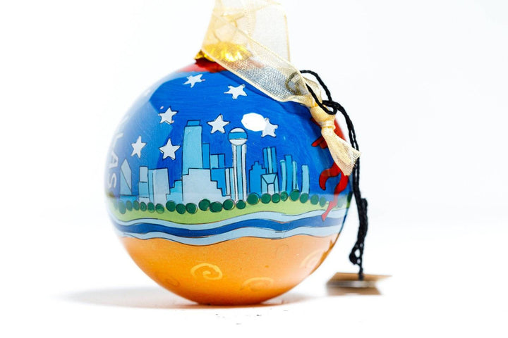 Dallas Texas Big D Skyline Night Scene Round Hand-Painted Glass Christmas Ornament