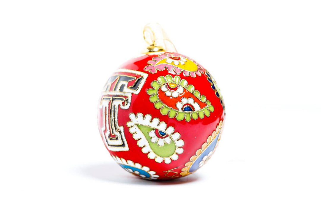 Texas Tech Red Raiders Colorful Paisley Red Background Round Cloisonné Christmas Ornament