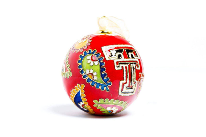 Texas Tech Red Raiders Colorful Paisley Red Background Round Cloisonné Christmas Ornament