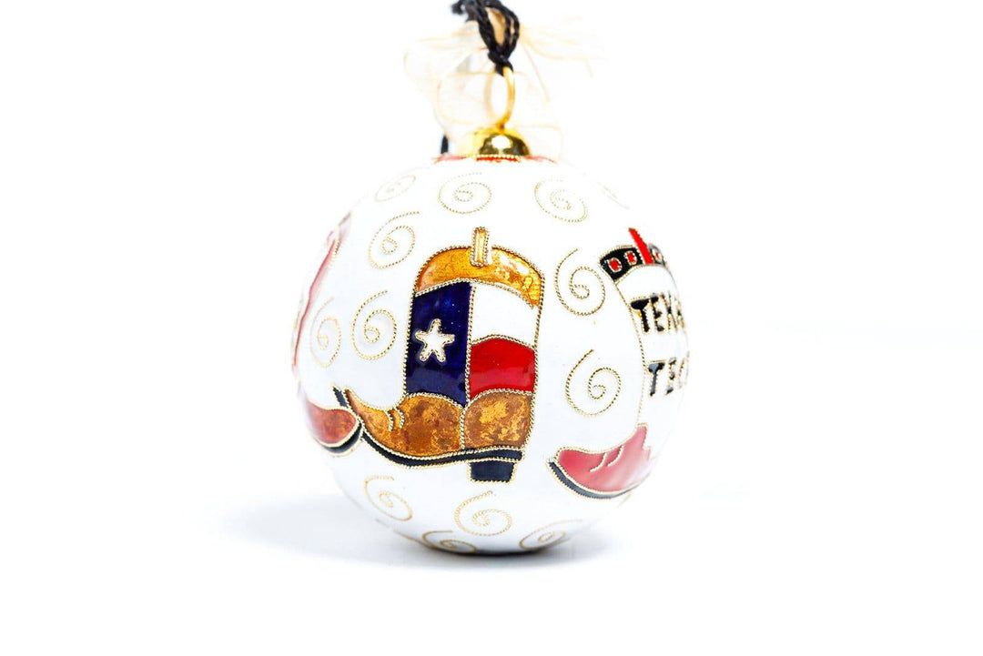 Texas Tech University Red Raiders Dancing Cowboy Boots Round Cloisonné Christmas Ornament - White