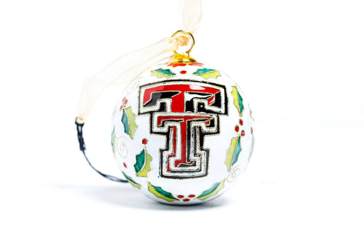 Texas Tech Red Raiders Vintage Merry Christmas with Holly White Background Round Cloisonné Christmas Ornament