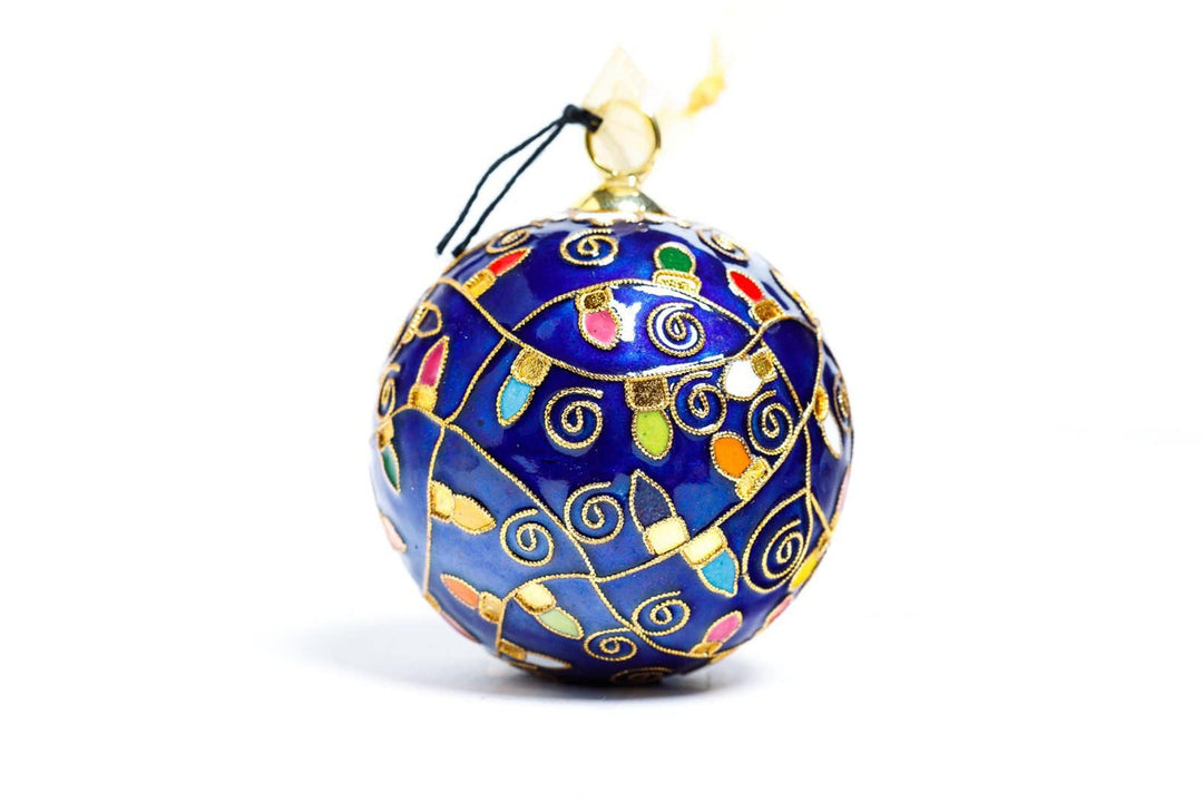 Rice University Owls Colorful Lights Blue Background Round Cloisonné Christmas Ornament
